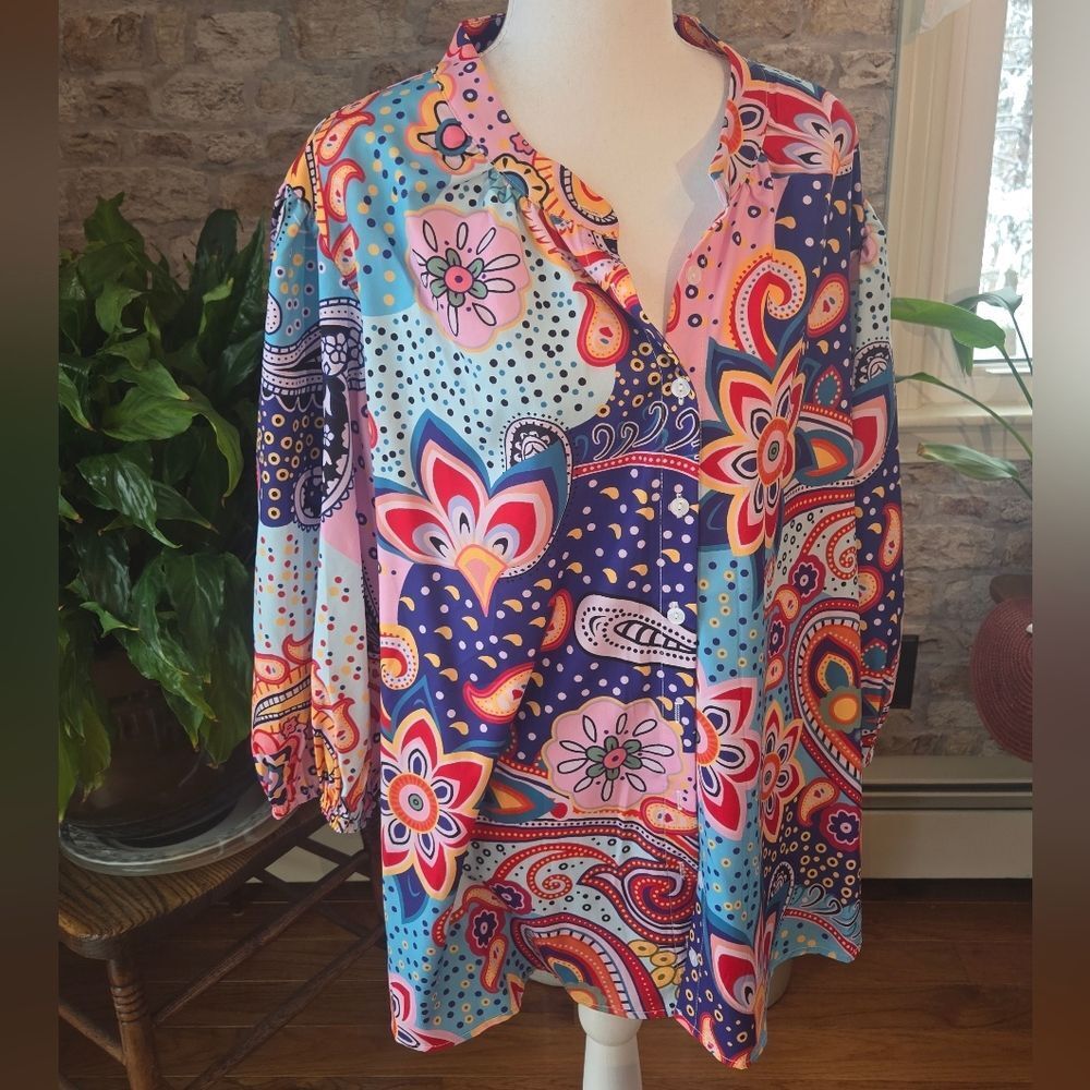 Noracora Women's Blue and Yellow Pink And Orange Blouse XL